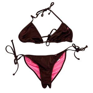 Doll Swimwear Brown Tie String Ruched Bikini Set Triangle Minimalist Size M/L